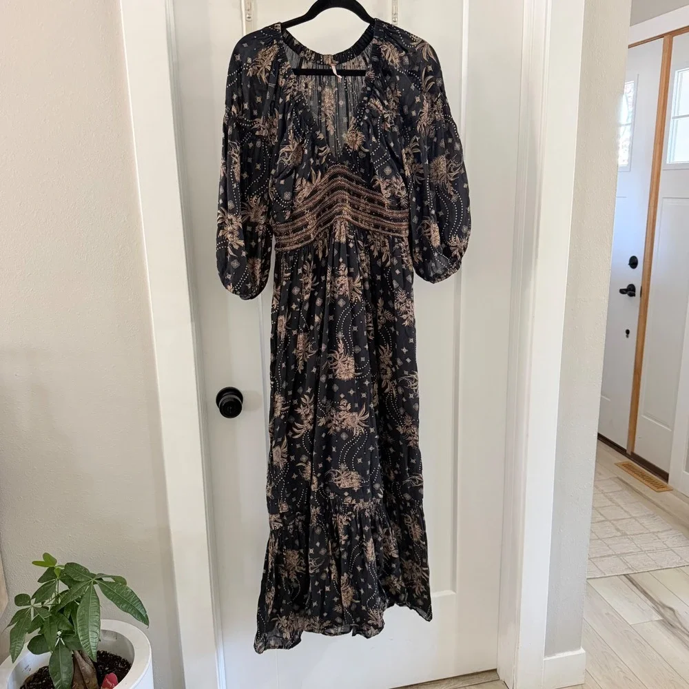 Black and Beige Floral Maxi Dress - Women